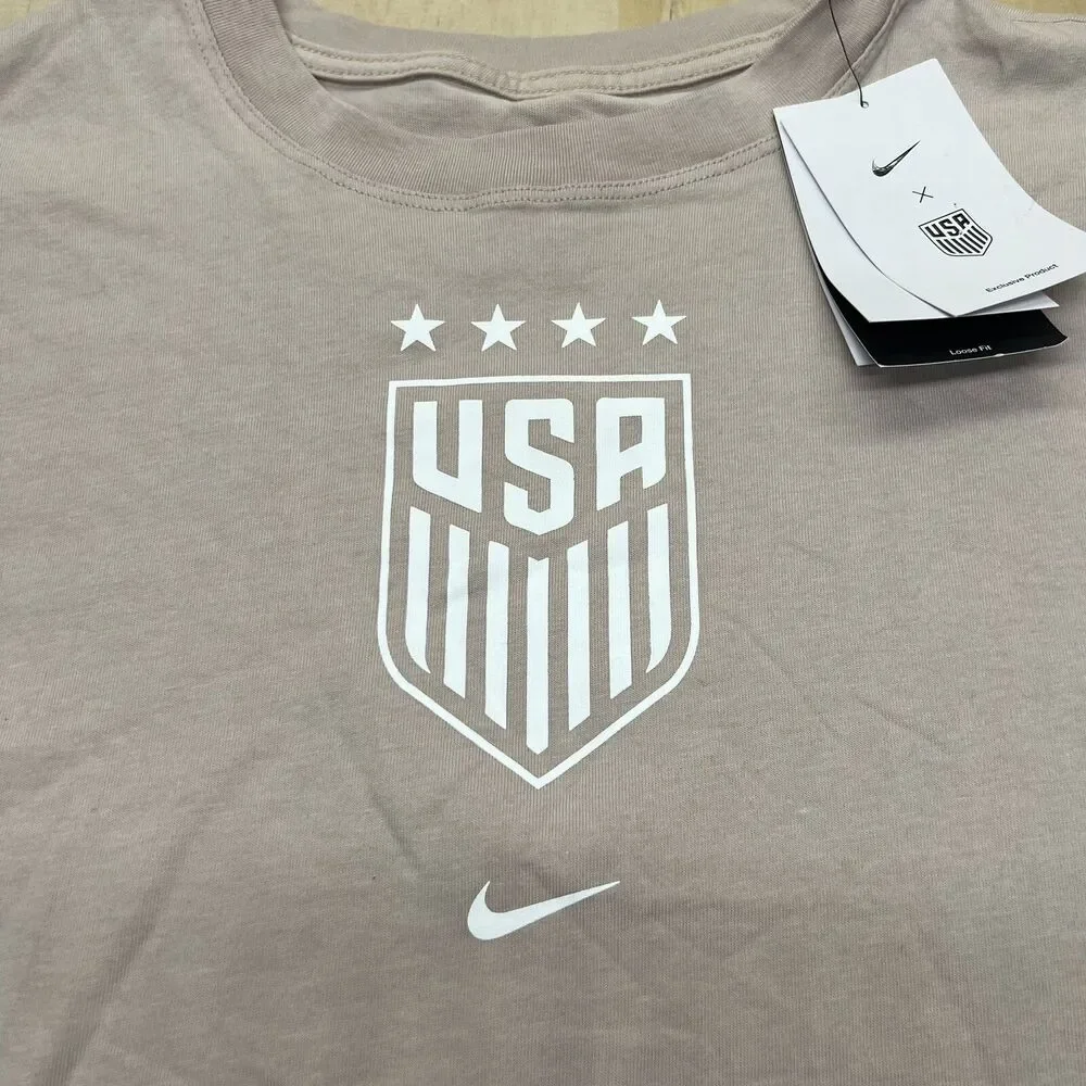 NEW MD USWNT Womens Nike Crest Short Sleeve Cotton Shirt Tan USA Soccer US